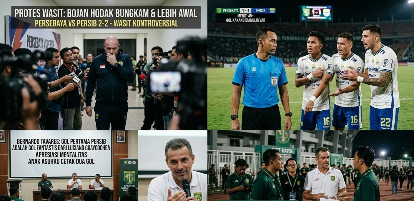 Hasil Persebaya vs Persib imbang 2-2. Simak drama wasit Eko Saputra yang bikin Bojan Hodak bungkam, hingga pujian Bernardo Tavares untuk gol indah Luciano Guaycochea.