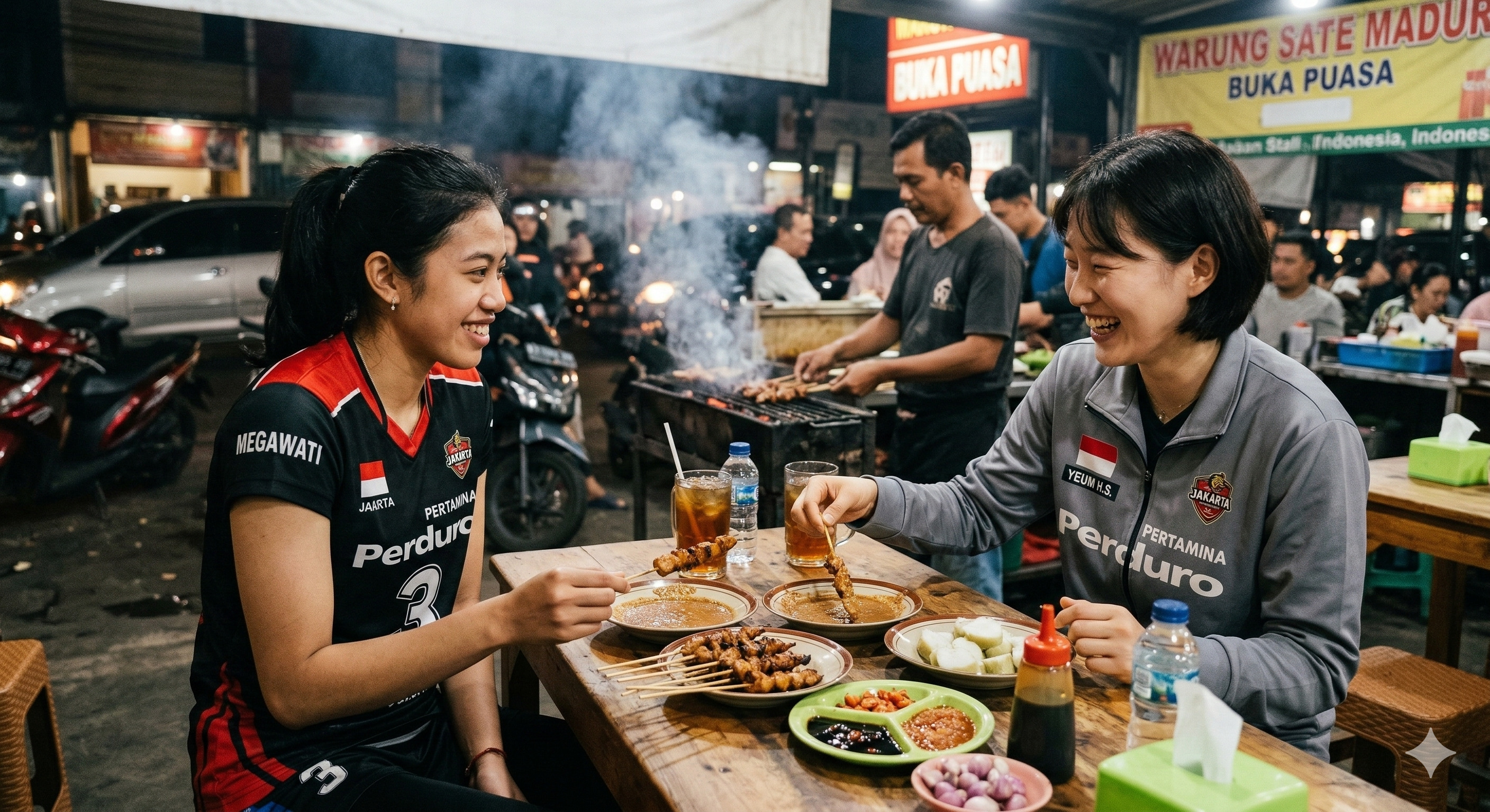 Momen hangat Megawati Hangestri ajak Yeum Hye-seon buka puasa makan sate! Sinyal chemistry kuat untuk bawa Jakarta Pertamina Enduro juara?