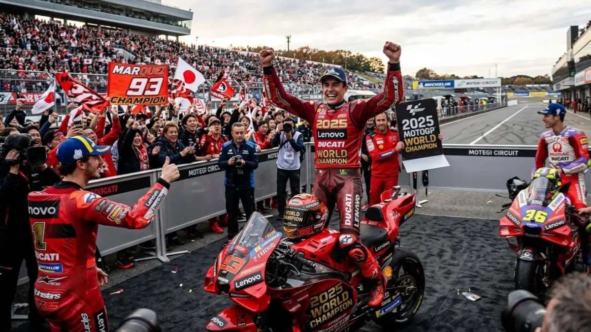 Marc Marquez juara dunia MotoGP 2025 setelah finis kedua di Motegi. Rider Ducati Lenovo mencetak rekor bersejarah usai penantian lima tahun.