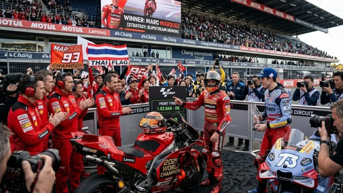 Marc Marquez menang MotoGP Thailand 2025 setelah sengaja membiarkan Alex Marquez memimpin demi menjaga tekanan ban sesuai aturan MotoGP.
