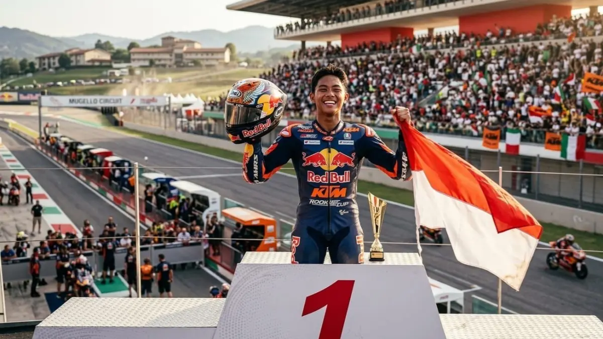 Veda Ega Pratama cetak sejarah di Mugello usai menang Red Bull Rookies Cup 2025. Pembalap muda Indonesia bersaing di papan klasemen.