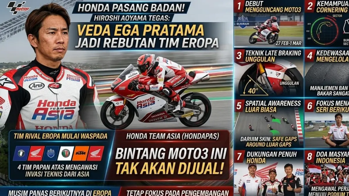Veda Ega Pratama jadi sorotan Moto3. Honda lewat Hiroshi Aoyama menegaskan bintang muda Indonesia itu tak akan dilepas ke tim Eropa.