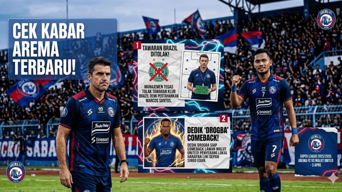 Cek kabar Arema terbaru! Manajemen tolak tawaran klub Brazil demi pertahankan Marcos Santos. Dedik Drogba siap comeback lawan Malut United!