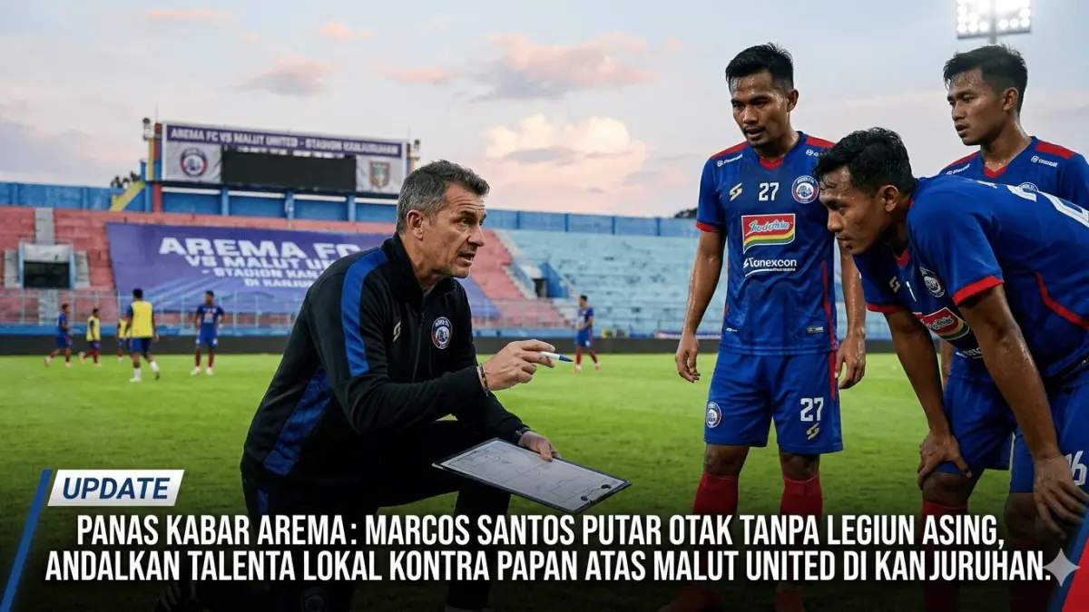 Cek kabar Arema terbaru! Singo Edan krisis 5 pemain asing lawan Malut United akibat kartu merah & akumulasi. Saatnya Dedik Setiawan unjuk gigi!