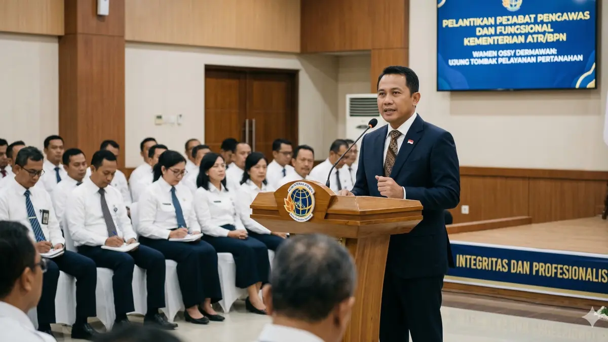 Wamen Ossy Dermawan melantik pejabat baru guna memperkuat pelayanan pertanahan ATR BPN. Fokus pada integritas dan kecepatan layanan publik.