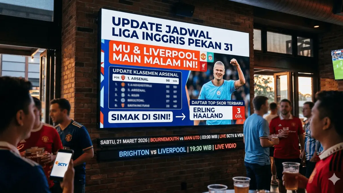 Cek jadwal Liga Inggris pekan 31: MU & Liverpool main malam ini! Simak update klasemen Arsenal & daftar top skor Erling Haaland terbaru di sini.