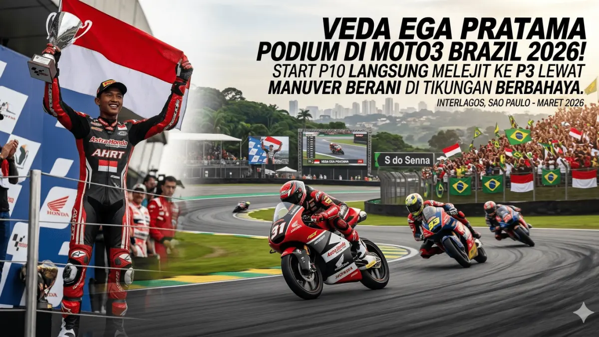 Veda Ega Pratama Podium di Moto3 Brazil 2026, Start P10 Langsung Melejit ke P3 Lewat Manuver Berani di Tikungan Berbahaya