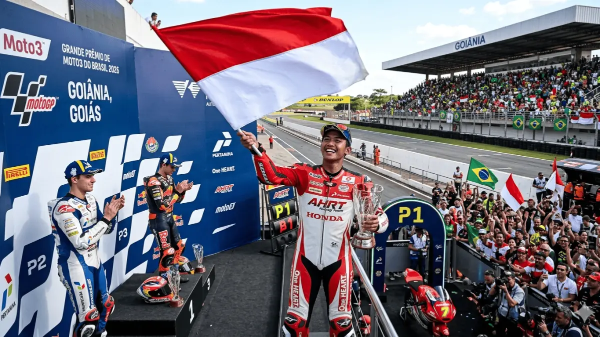 Veda Ega Pratama Podium Moto3 Brazil 2026, Start dari Posisi 10 hingga Kibarkan Merah Putih di Goiânia