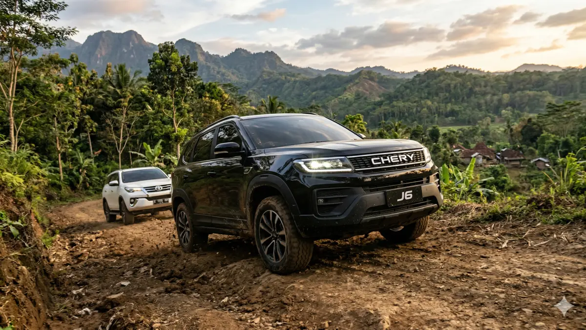 Cek spesifikasi Chery J6, mobil listrik offroad 4x4 harga Rp 600 jutaan. Fitur mewah, kursi pijat, dan lebih murah dari Toyota Fortuner!