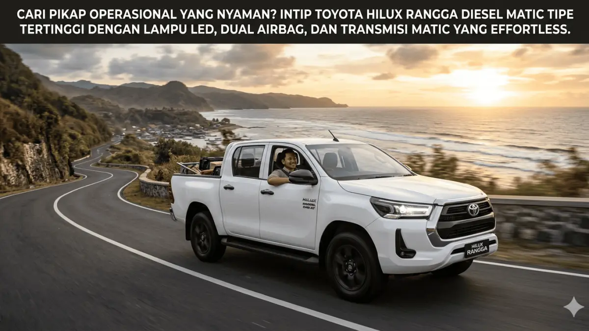 Cari pikap operasional yang nyaman? Intip Toyota Hilux Rangga Diesel Matic tipe tertinggi dengan lampu LED, dual airbag, dan transmisi matic yang efortless.