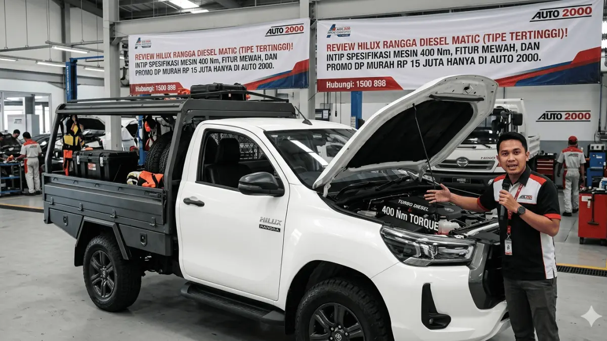 Review Hilux Rangga Diesel Matic tipe tertinggi! Intip spesifikasi mesin 400 Nm, fitur mewah, dan promo DP murah Rp 15 juta hanya di Auto 2000.