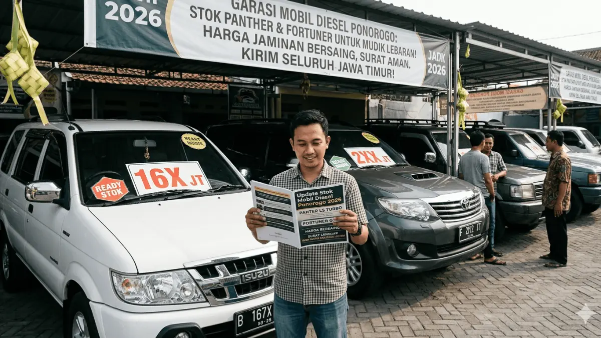 Update stok mobil diesel Ponorogo 2026: Panther LS Turbo & Fortuner G siap mudik. Harga bersaing, surat lengkap, dan siap kirim ke seluruh Jawa Timur.