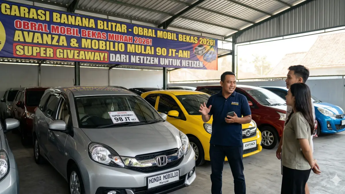 Cari mobil bekas murah 2026 di Blitar? Garasi Banana gelar Super Giveaway! Avanza, Mobilio, Brio harga mulai 90 jutaan. Cek stok & harga kandas di sini!