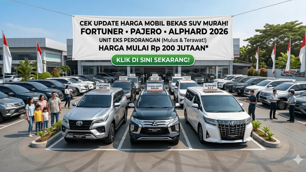 Cek update harga mobil bekas SUV murah Fortuner Pajero Alphard 2026! Unit eks perorangan, kondisi mulus, harga mulai Rp 200 jutaan. Klik di sini sekarang!