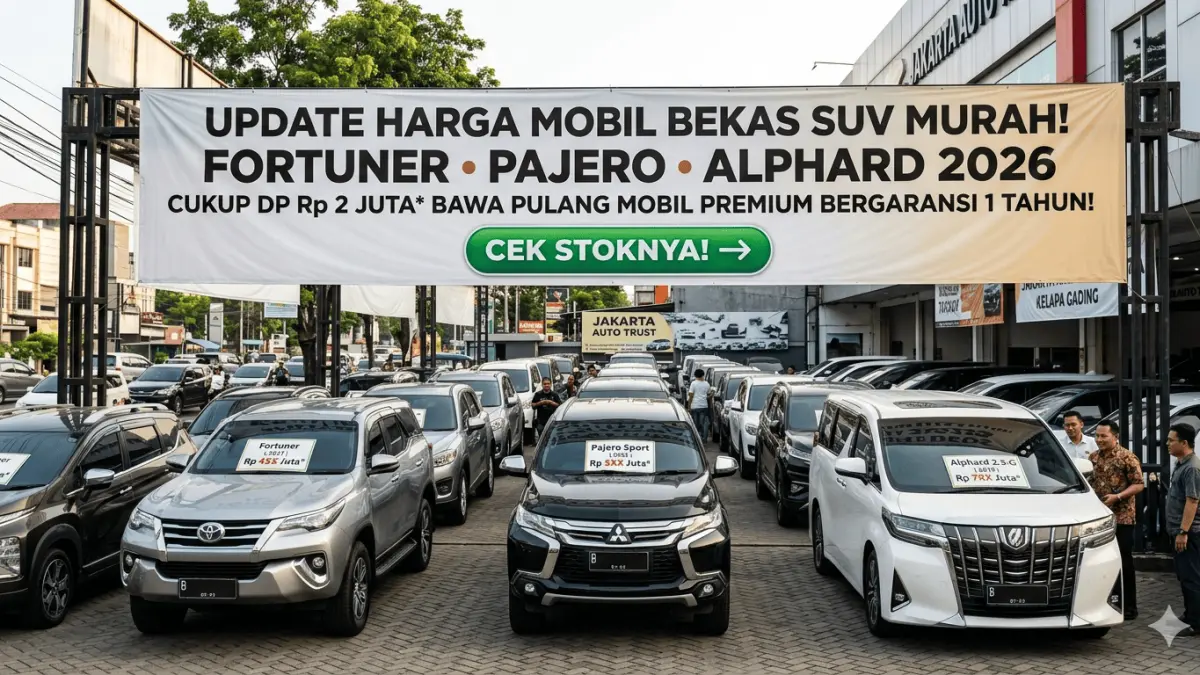 Update harga mobil bekas SUV murah Fortuner Pajero Alphard 2026 di Jakarta! Cukup DP Rp 2 juta, bawa pulang mobil premium bergaransi 1 tahun. Cek stoknya!