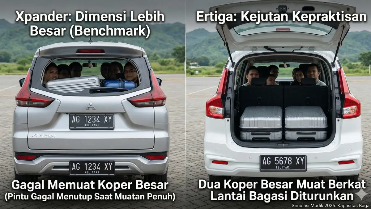 Adu kepraktisan mudik 2026: Xpander vs Ertiga! Meski Xpander lebih besar, ternyata bagasi Ertiga muat lebih banyak koper. Simak komparasinya di sini!