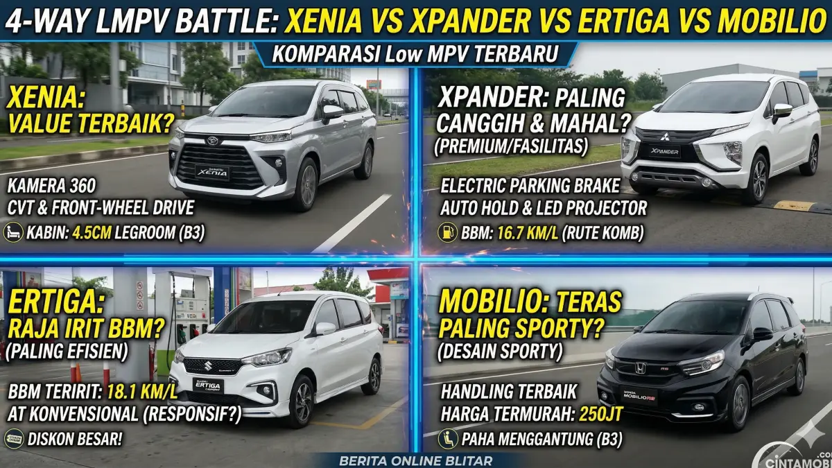 Bingung pilih LMPV? Simak komparasi lengkap Xenia, Xpander, Ertiga, & Mobilio. Uji BBM, kabin, hingga harga. Temukan mobil keluarga terbaik Anda!