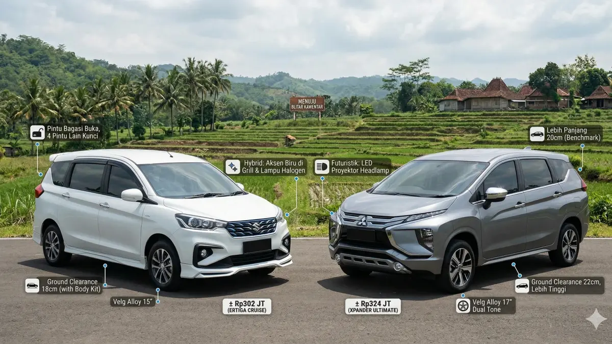 Simak perbandingan Ertiga Cruise vs Xpander Ultimate terlengkap. Beda 22 juta, temukan kelebihan desain, mesin, dan fitur LMPV mana yang paling pas buat Anda!
