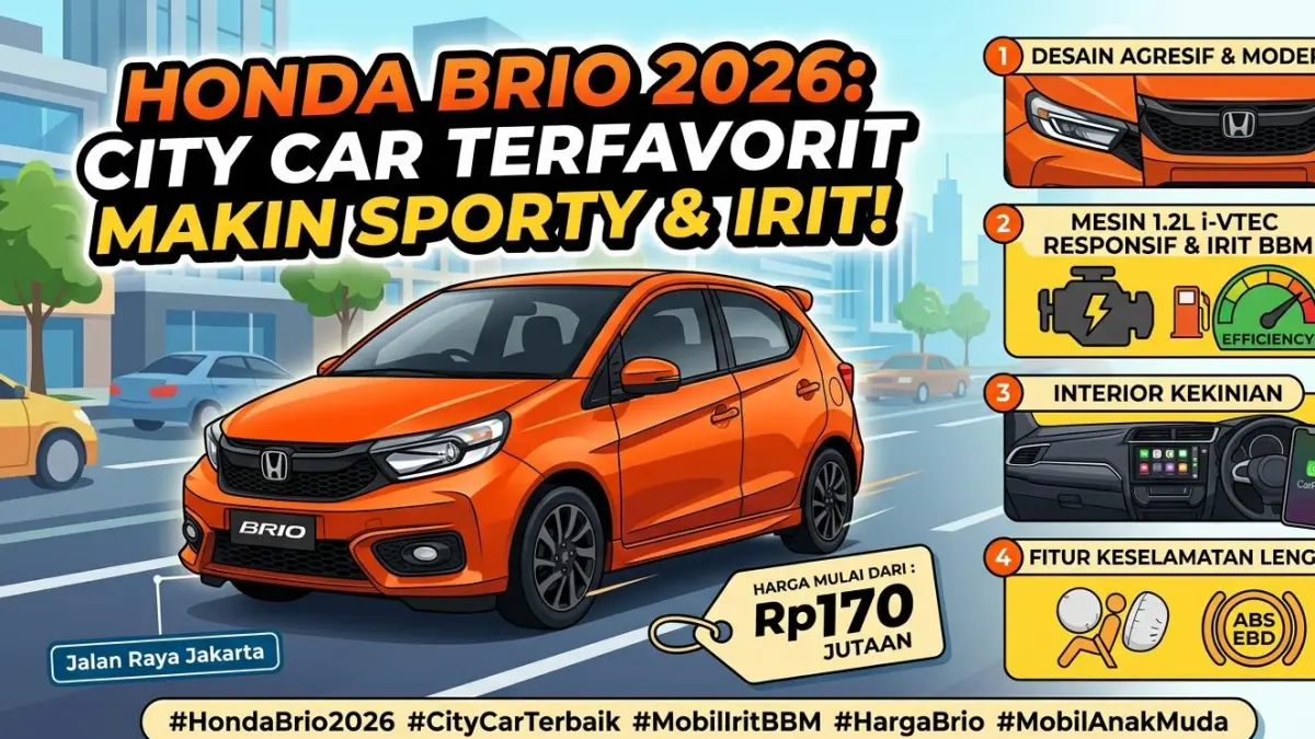 Honda Brio 2026 hadir dengan desain sporty, irit BBM, dan harga Rp170 jutaan, jadi pilihan city car terbaik di Indonesia.