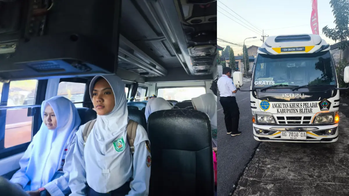 DISHUB KABUPATEN BLITAR UNTUK RADAR PENATARAN - ‎MEMUDAHKAN: Layanan bus sekolah milik Pemkab Blitar saat mengantarkan para siswa ke sekolah.