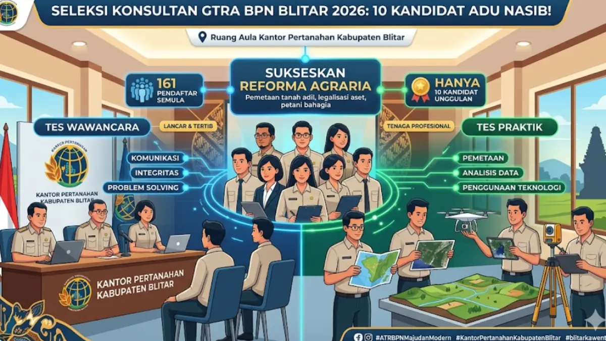 Cuma 10 peserta tangguh bersaing sengit di tahap akhir seleksi Konsultan GTRA BPN Blitar 2026. Siapa yang lolos kawal Reforma Agraria?