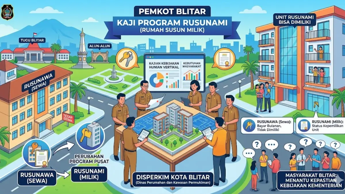  Pemerintah Kota (Pemkot) Blitar mulai mengkaji arah kebijakan hunian vertikal menyusul perubahan program dari pemerintah pusat yang kini mengarah pada rumah susun milik (rusunami).