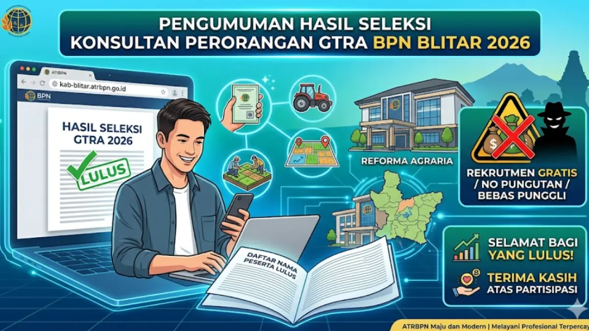 Segera cek Hasil Seleksi Konsultan GTRA BPN Blitar 2026 di situs resmi kab-blitar.atrbpn.go.id. Rekrutmen ini 100% gratis tanpa pungutan!