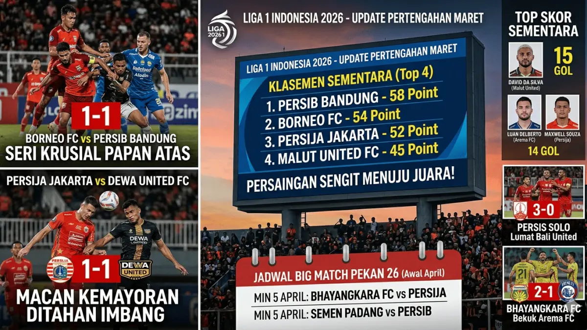 Update hasil Liga 1 2026 terbaru: Persib Bandung puncaki klasemen, daftar top skor, dan jadwal pekan 26. Simak berita selengkapnya di sini!