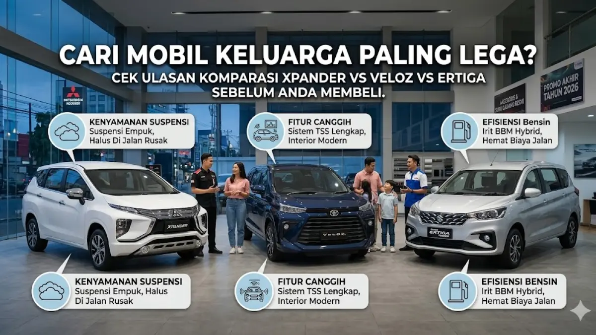 Cari mobil keluarga paling lega? Cek ulasan komparasi kenyamanan suspensi Xpander, fitur canggih Veloz, dan efisiensi Ertiga sebelum Anda membeli.