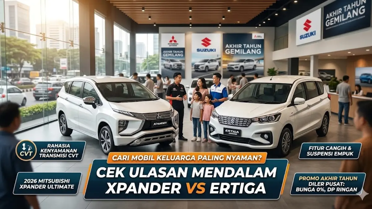 Cari mobil keluarga paling nyaman? Cek ulasan mendalam Xpander vs Ertiga, termasuk rahasia kenyamanan transmisi CVT dan promo akhir tahun diler pusat.
