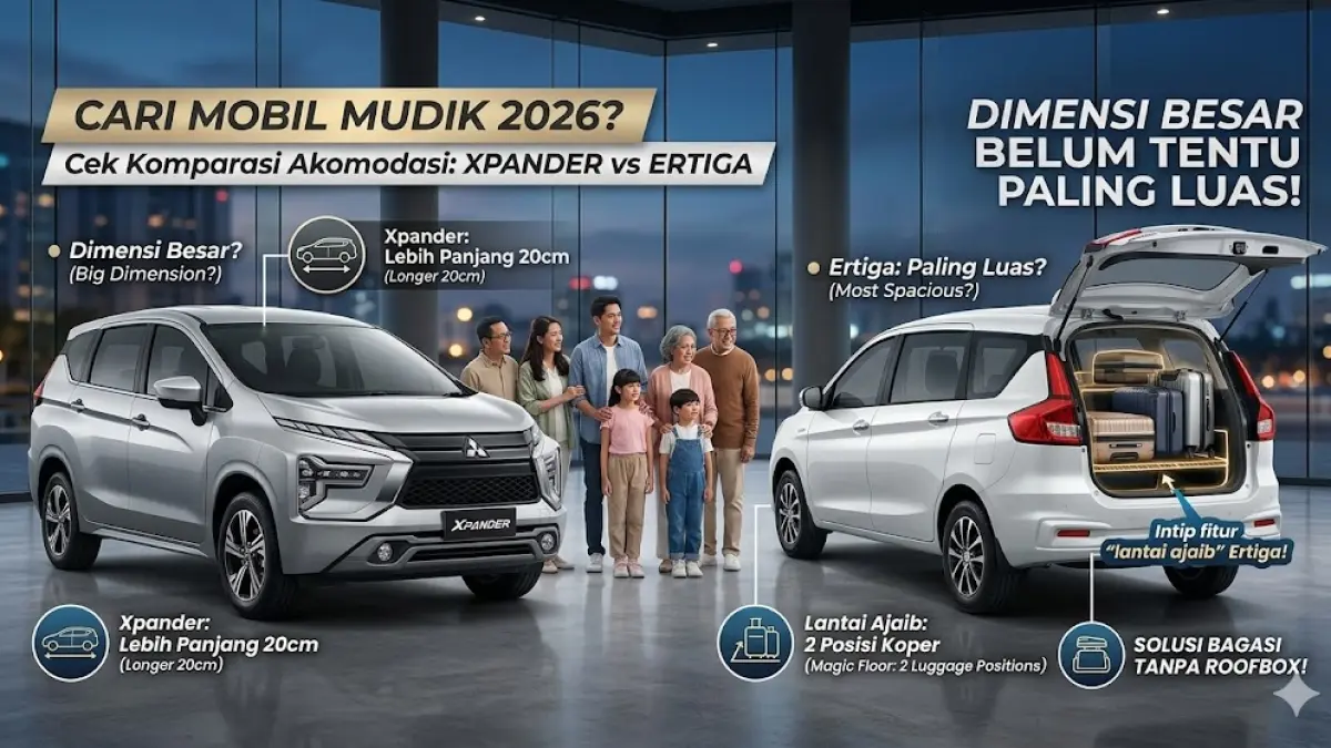 Cari mobil mudik 2026? Cek komparasi akomodasi Xpander vs Ertiga. Dimensi besar belum tentu paling luas, intip fitur "lantai ajaib" Ertiga!