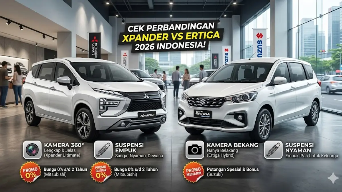 Cek perbandingan Xpander vs Ertiga 2026 Indonesia! Intip fitur kamera 360, suspensi empuk, dan promo bunga 0% hanya di sini. Klik sekarang!