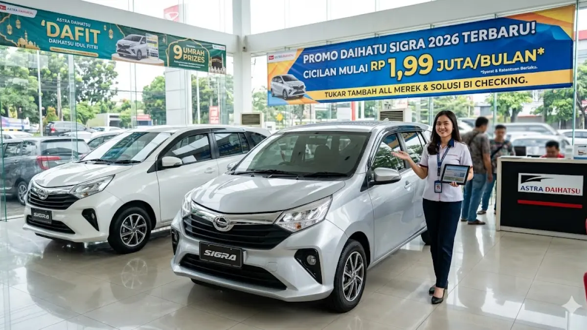 Dapatkan Daihatsu Sigra 2026 dengan cicilan 1 jutaan! Promo spesial, diskon gede, solusi BI checking, dan undian umrah. Cek infonya di sini!
