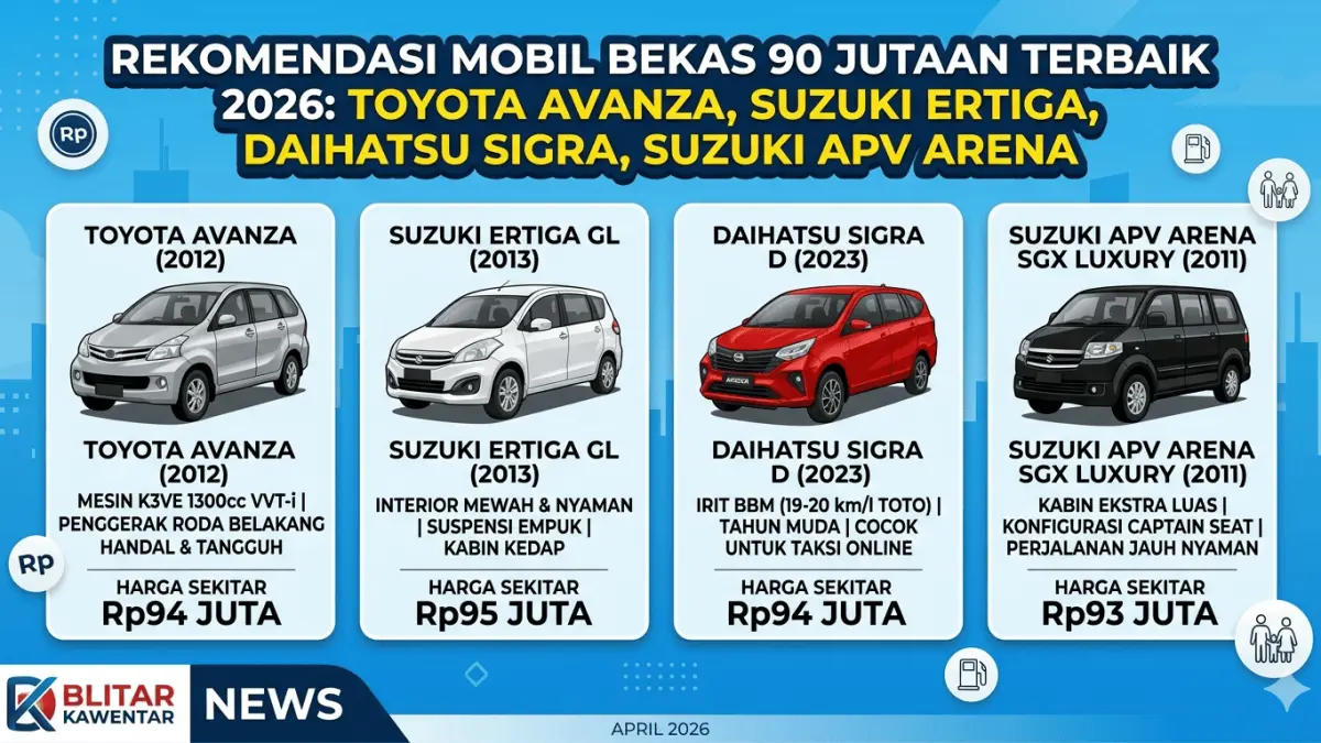Cari mobil bekas 90 jutaan di Blitar? Ini rekomendasi Toyota Avanza, Suzuki Ertiga, hingga Daihatsu Sigra yang irit, tangguh, dan cocok untuk keluarga.