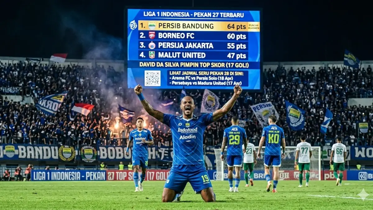 Cek klasemen Liga 1 terbaru 2026! Persib Bandung kokoh di puncak dengan 64 poin, Persija Jakarta bantai Persebaya 3-0. Simak hasil & jadwal lengkapnya.