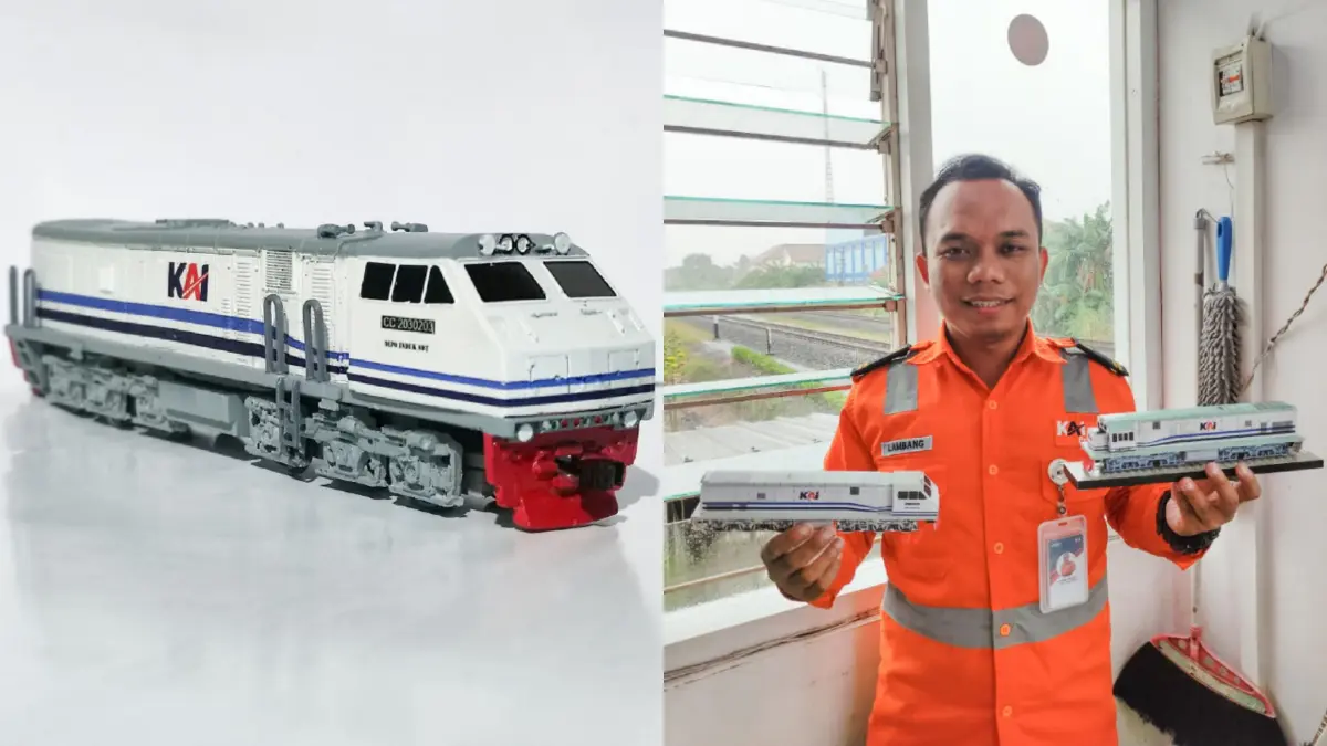LAMBANG WIBISONO/RADAR BLITAR - HARUS DETAIL: Lambang Wibisono menunjukkan miniatur lokomotif hasil karyanya.