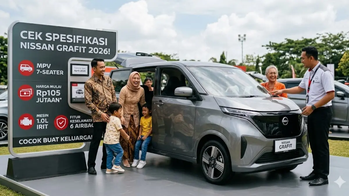 Cek spesifikasi Nissan Grafit 2026! MPV 7-seater harga Rp105 jutaan, mesin 1.0L irit, dan fitur keselamatan 6 airbag. Cocok buat keluarga!