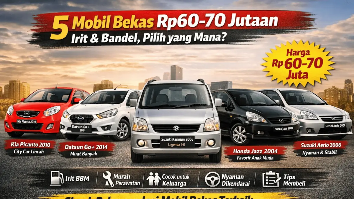 5 mobil bekas Rp60-70 jutaan paling irit dan bandel, dari Picanto hingga Jazz. Simak rekomendasi terbaik untuk harian!