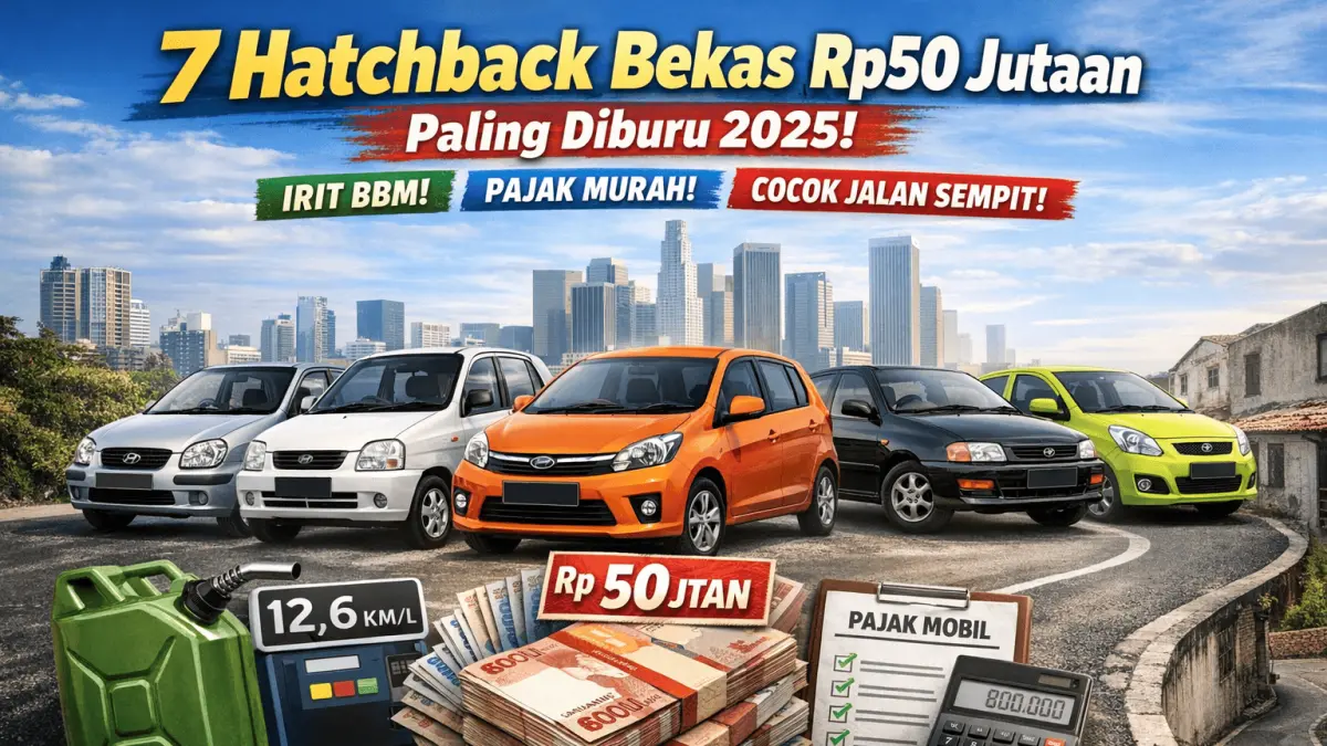 7 hatchback bekas Rp50 jutaan paling irit dan murah pajak di 2025, cocok untuk harian dan jalan sempit.