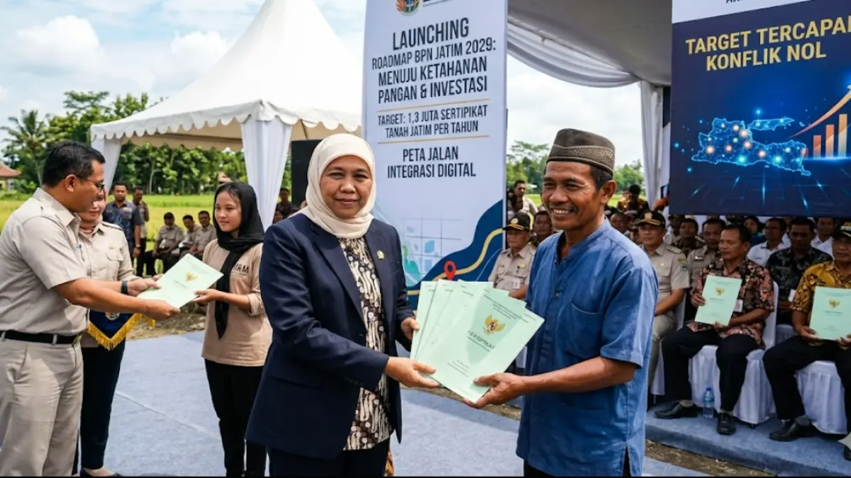 BPN Jatim targetkan 1,3 juta Sertifikat Tanah Jawa Timur per tahun! Intip roadmap 2029 untuk perkuat ketahanan pangan dan investasi. Klik selengkapnya!