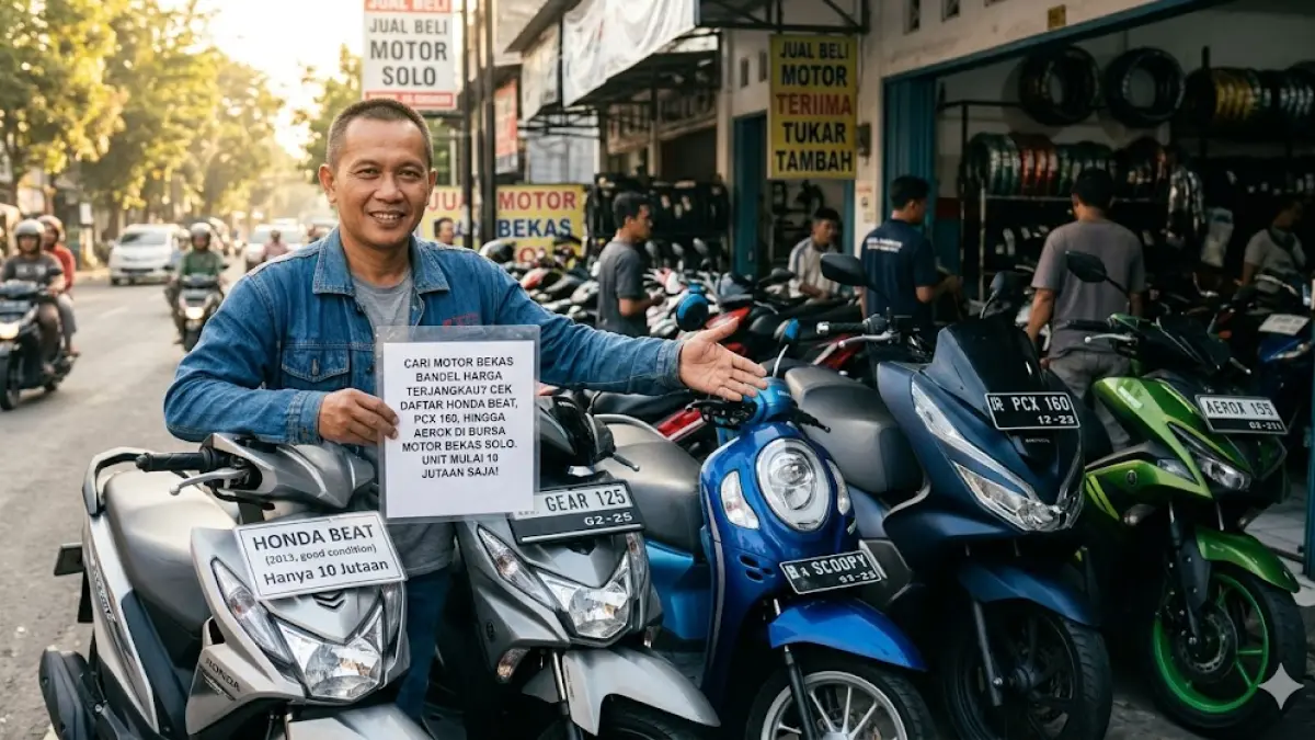 Cari motor bekas bandel harga terjangkau? Cek daftar Honda Beat, PCX 160, hingga Aerox di bursa motor bekas Solo. Unit mulai 10 jutaan saja!