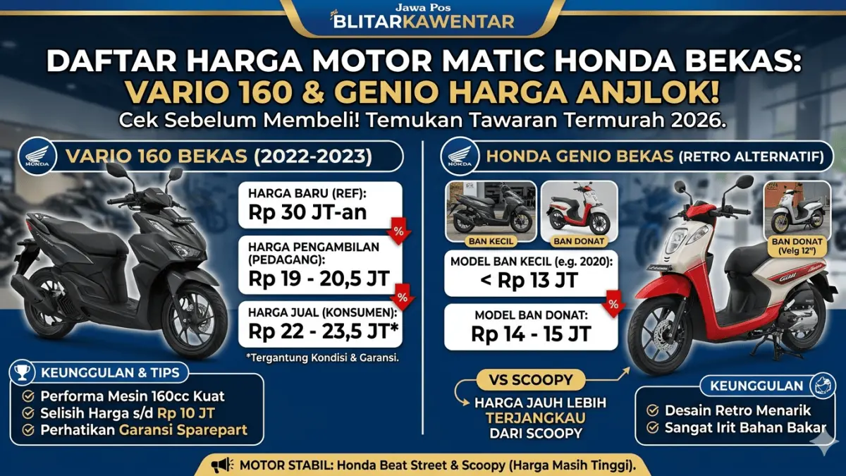 Cek daftar harga motor matic Honda bekas 2026! Vario 160 dan Genio harganya anjlok parah, cocok buat yang cari motor murah berkualitas.