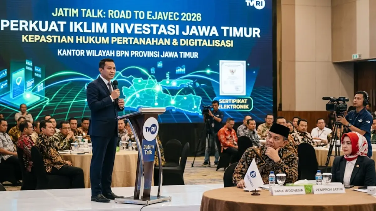 Kakanwil BPN Jatim geber Iklim Investasi Jawa Timur di forum Jatim Talk 2026! Simak strategi digitalisasi lahan demi kepastian hukum investor. Klik!