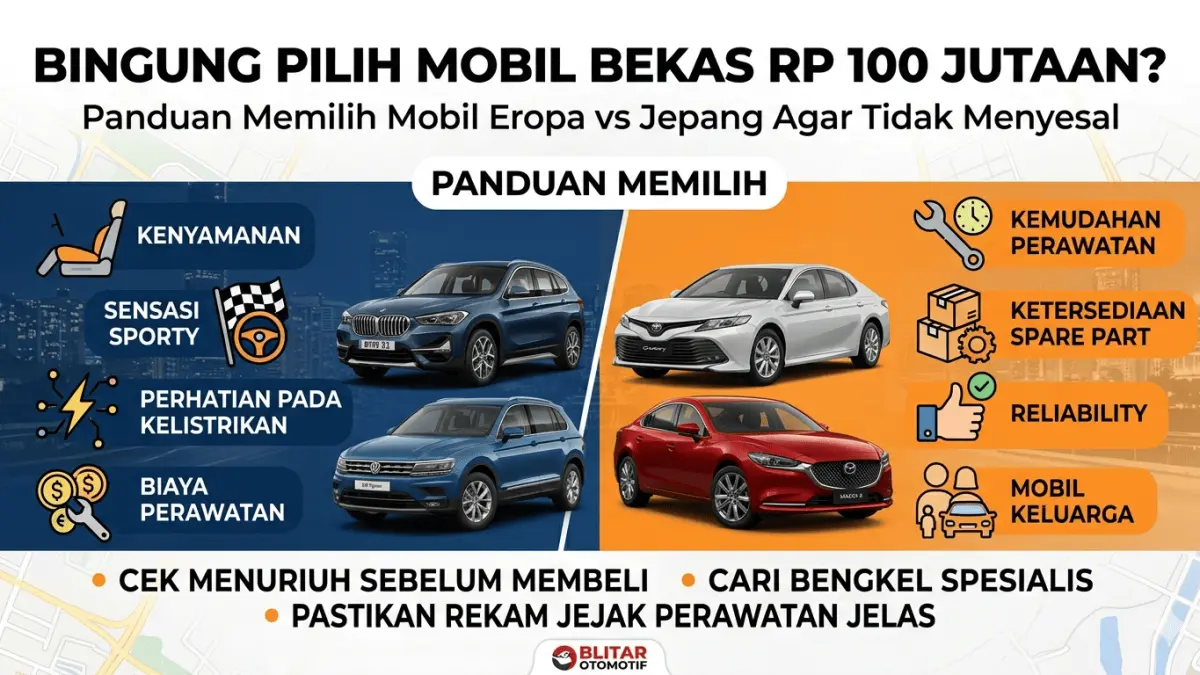 Bingung pilih mobil bekas Rp 100 jutaan? Simak panduan lengkap memilih mobil Eropa vs Jepang agar tidak salah beli dan tetap nyaman untuk harian.