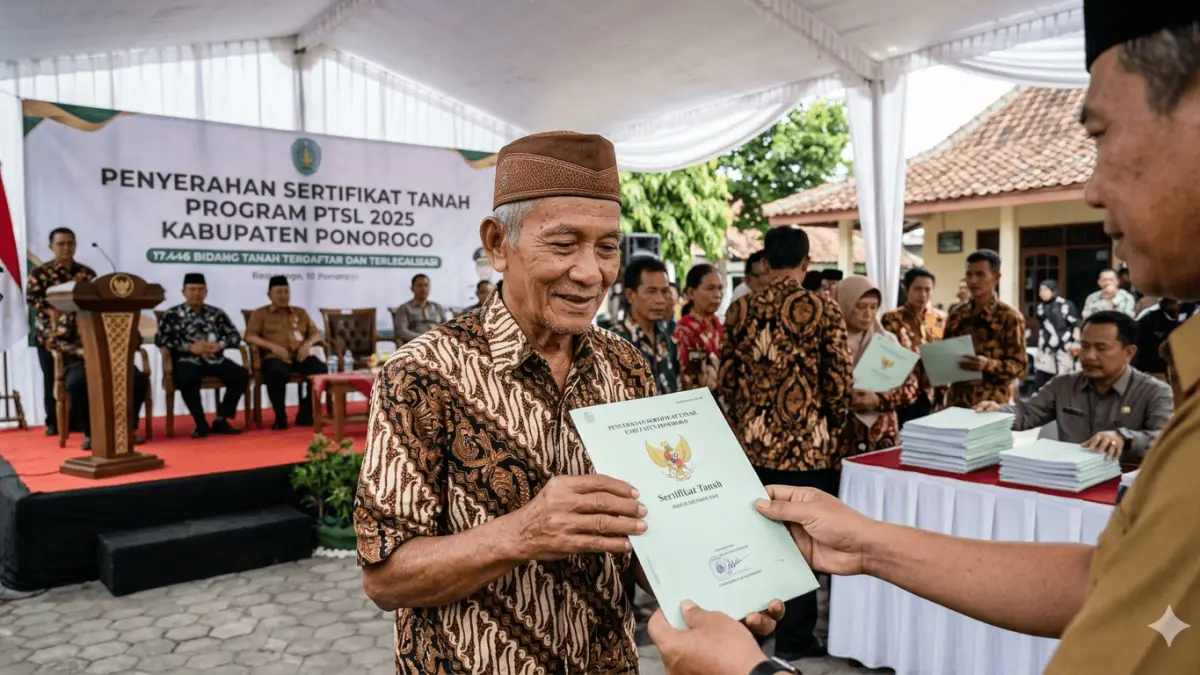 Program PTSL 2025 di Ponorogo rampungkan 17.446 sertifikat tanah. Warga sambut positif kepastian hukum lahan. Cek informasi jadwal penyerahannya di sini. (Gemini AI)