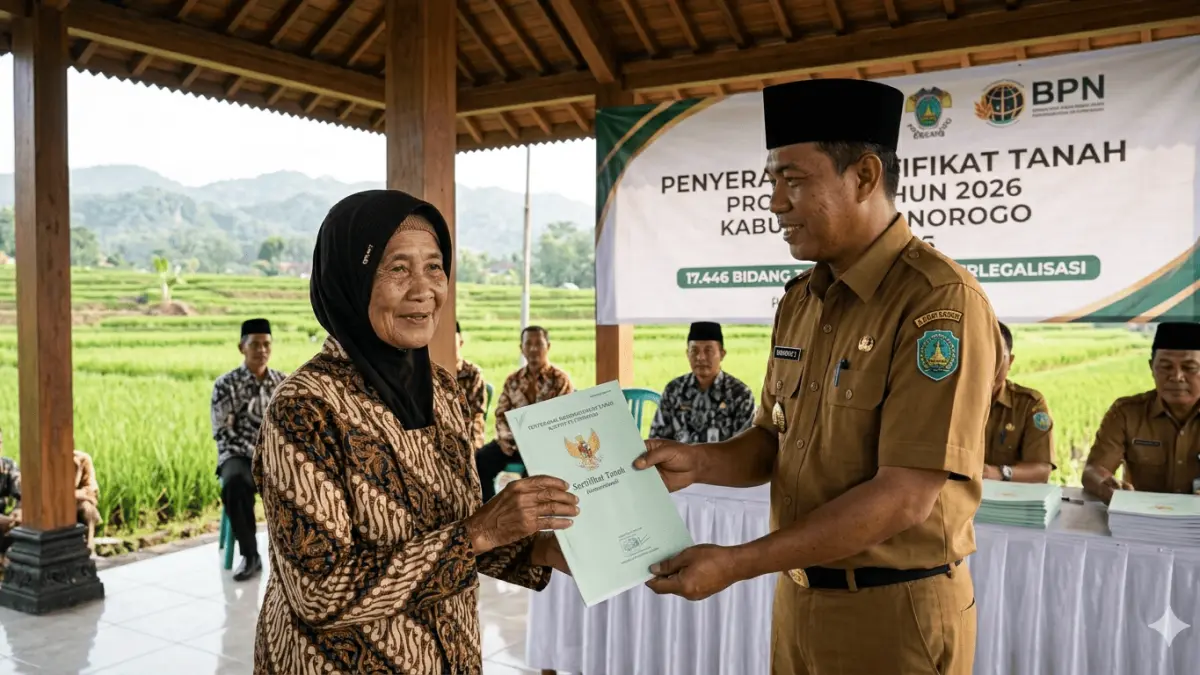 Program PTSL 2026 Desa Wonorejo targetkan 320 sertifikat tanah. Cek syarat, cara daftar, dan manfaat sertifikat untuk modal usaha warga di sini! (Gemini AI)