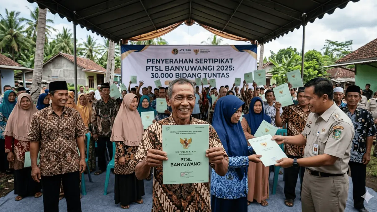 Sebanyak 30.000 sertifikat PTSL Banyuwangi 2025 siap dibagikan! Simak jadwal penyerahan dan bocoran kuota 10.000 bidang untuk tahun 2026. (Gemini AI)