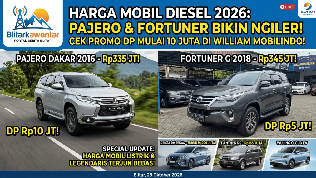 Update harga mobil diesel 2026! Cek promo Pajero Dakar & Fortuner DP mulai 5 Juta. Denza D9 turun 200 Juta! Cek stok selengkapnya di sini. (Gemini AI)