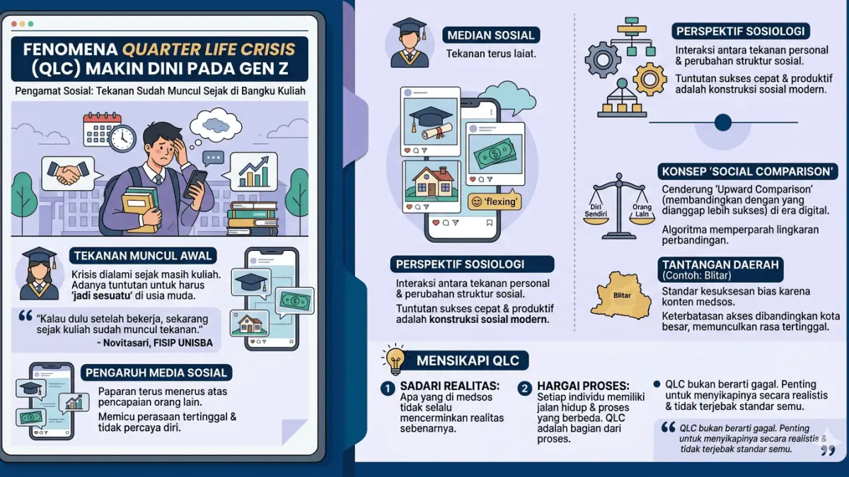 Fenomena quarter life crisis (QLC) di kalangan generasi muda kian menjadi perhatian. Tidak hanya muncul setelah memasuki dunia kerja, krisis ini kini mulai dirasakan bahkan sejak di bangku pendidikan.
Pengamat sosial sekaligus dosen Ilmu Komunikasi FISIP Universitas Islam Balitar, Novitasari, menilai bahwa Gen Z mengalami QLC lebih dini dibandingkan generasi sebelumnya seperti milenial maupun Gen X. “Kalau dulu krisis banyak dialami setelah bekerja, sekarang sejak masih kuliah pun sudah muncul tekanan untuk harus ‘jadi sesuatu’,” ujarnya.
Menurut dia, fenomena ini sangat dipengaruhi oleh paparan media sosial yang memperlihatkan pencapaian orang lain secara terus-menerus. Anak muda kerap melihat teman sebaya yang sudah bekerja, berpenghasilan, bahkan terlihat sukses, sehingga memicu perasaan tertinggal dan tidak percaya diri.
Namun, dia menegaskan bahwa QLC tidak bisa dipahami hanya sebagai persoalan individu. Dalam perspektif sosiologi, fenomena ini merupakan hasil interaksi antara tekanan personal dan perubahan struktur sosial. “Tuntutan untuk sukses cepat, mandiri secara finansial, dan produktif di usia muda adalah konstruksi sosial yang dibentuk oleh budaya modern dan sistem ekonomi,” jelasnya.
Lebih jauh, budaya flexing di media sosial turut memperparah kondisi tersebut. Menurut Novitasari, apa yang ditampilkan di ruang digital sering kali hanyalah sisi terbaik kehidupan seseorang, bukan realitas utuh.
Akibatnya, standar kesuksesan menjadi bias dan tidak realistis, terutama bagi anak muda di daerah seperti Blitar yang memiliki keterbatasan akses dibandingkan kota besar. ”Banyak yang menjadikan konten media sosial sebagai tolok ukur keberhasilan, padahal kondisi setiap orang berbeda. Ini yang kemudian memunculkan rasa tertinggal,” katanya.
Dalam kajian sosiologi, fenomena ini berkaitan dengan konsep social comparison, di mana individu cenderung membandingkan dirinya dengan orang lain. Di era digital, perbandingan ini semakin intens dan cenderung mengarah ke atas (upward comparison), yaitu membandingkan diri dengan mereka yang dianggap lebih sukses. Ditambah dengan algoritma media sosial yang terus menampilkan konten serupa, anak muda seakan terjebak dalam lingkaran perbandingan tanpa henti. “Akibatnya, kecemasan terhadap masa depan semakin meningkat karena standar yang dijadikan acuan terasa sulit dicapai,” ungkapnya.
Dia mengingatkan pentingnya kesadaran bahwa apa yang terlihat di media sosial tidak selalu mencerminkan realitas sebenarnya. Menurutnya, setiap individu memiliki proses dan jalan hidup yang berbeda. “QLC bukan berarti gagal, tapi bagian dari proses. Yang penting adalah bagaimana kita menyikapinya dengan lebih realistis dan tidak terjebak pada standar semu,” pungkasnya. 
(Gemini AI)