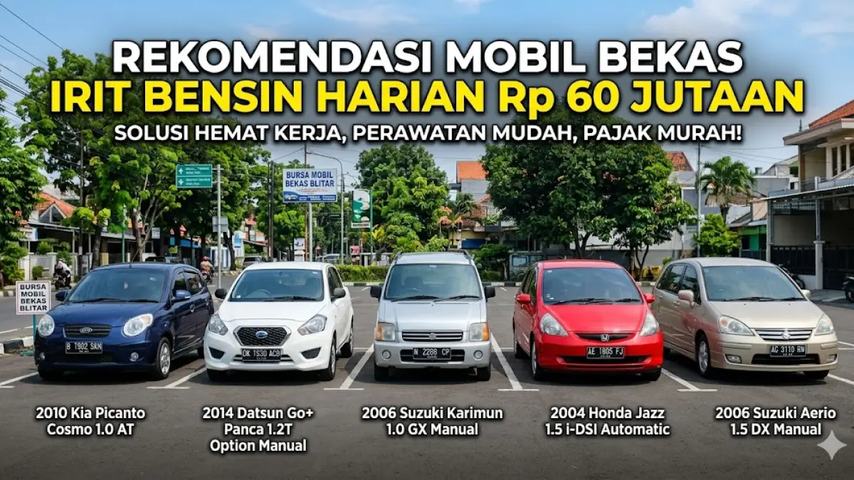 Rekomendasi mobil bekas irit bensin untuk harian harga 60 jutaan. Solusi hemat untuk kerja dengan perawatan mudah dan pajak murah meriah. (gemini ai)